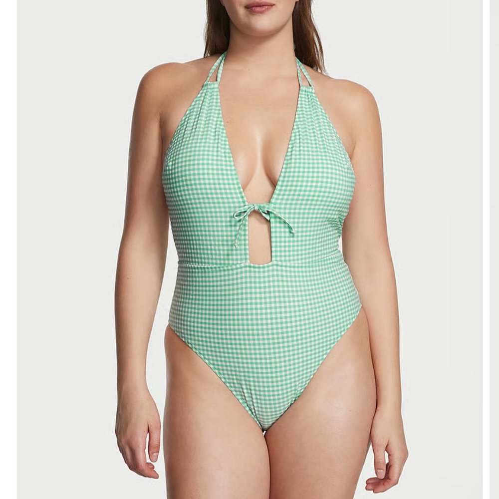Victoria's Secret Green Gingham Plunge One-Piece Swimsuit